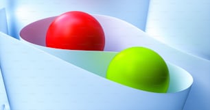 白い容器に赤と緑の卵2個