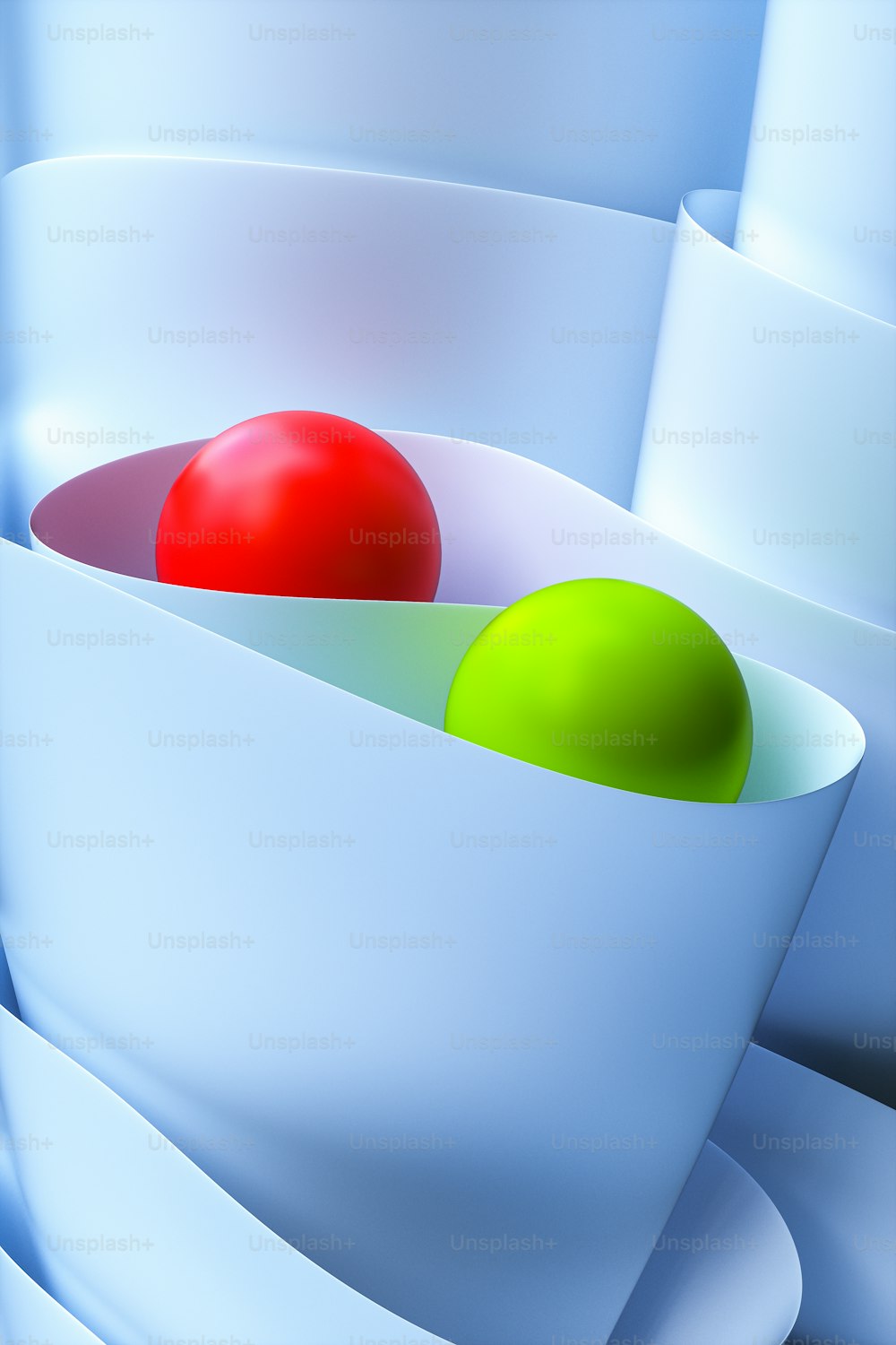 a red and a green ball in a white bowl