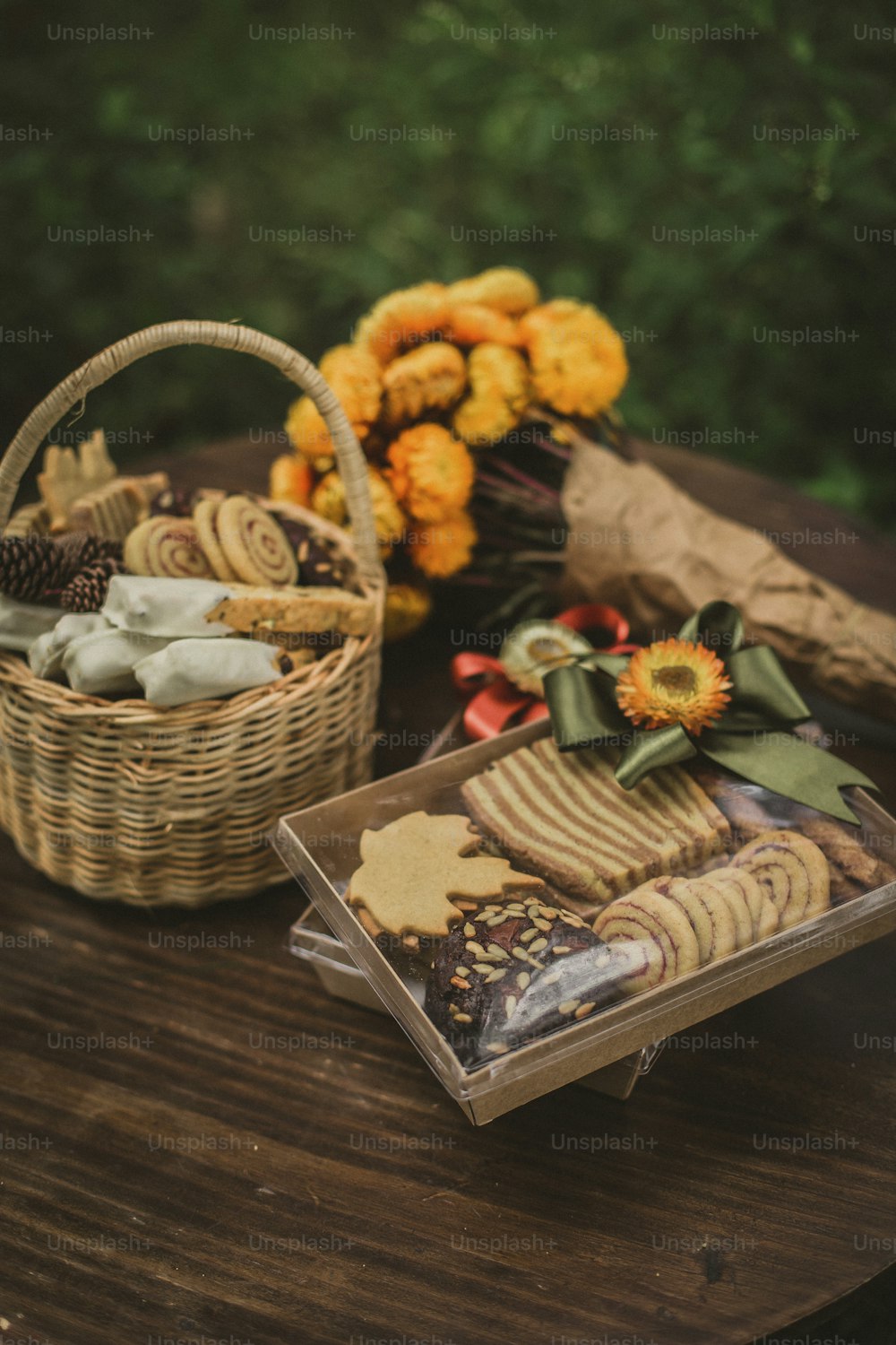 a table with a basket of cookies and a basket of cookies
