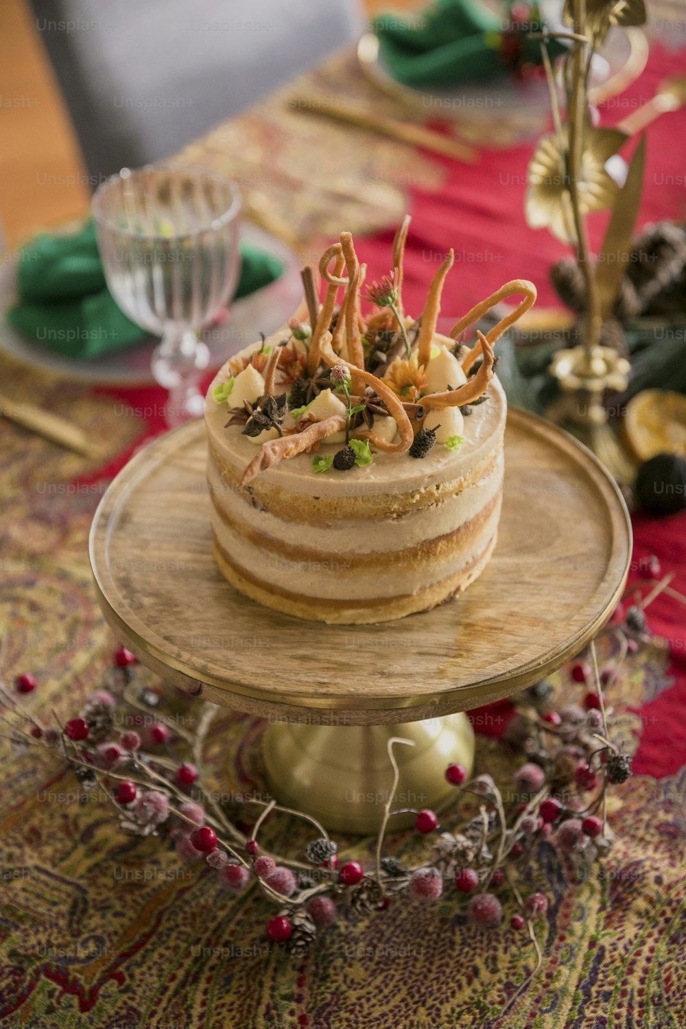 a cake sitting on top of a wooden table