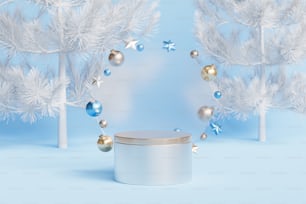 a blue and white christmas background with a round box