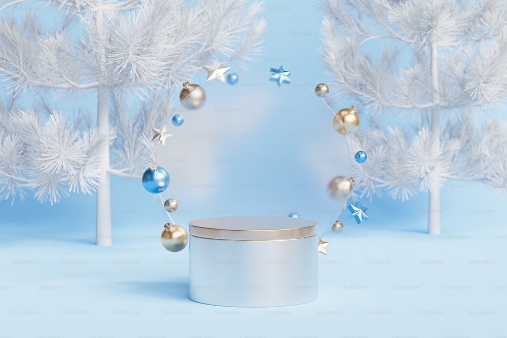 a blue and white christmas background with a round box