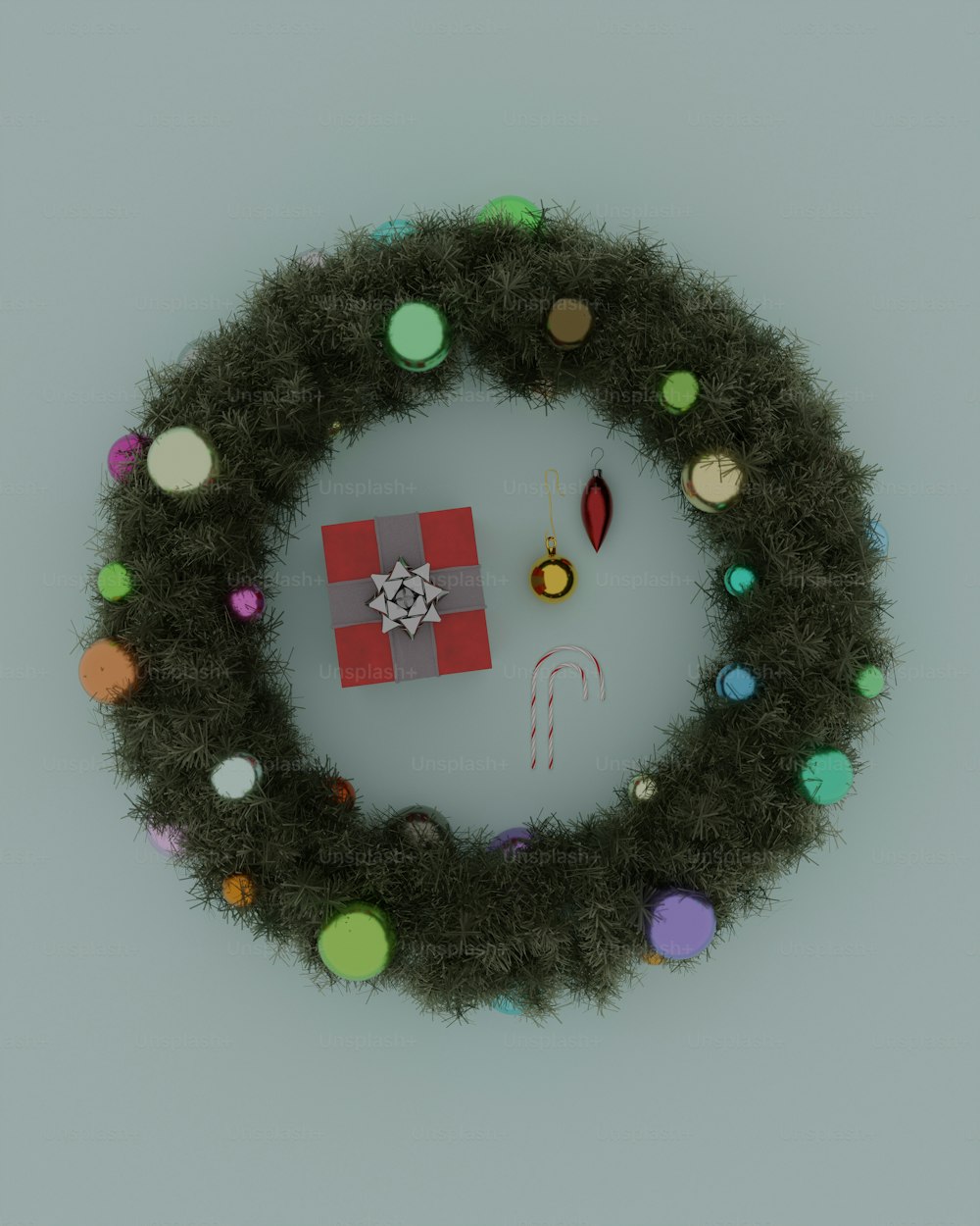 a christmas wreath with ornaments and a candy cane