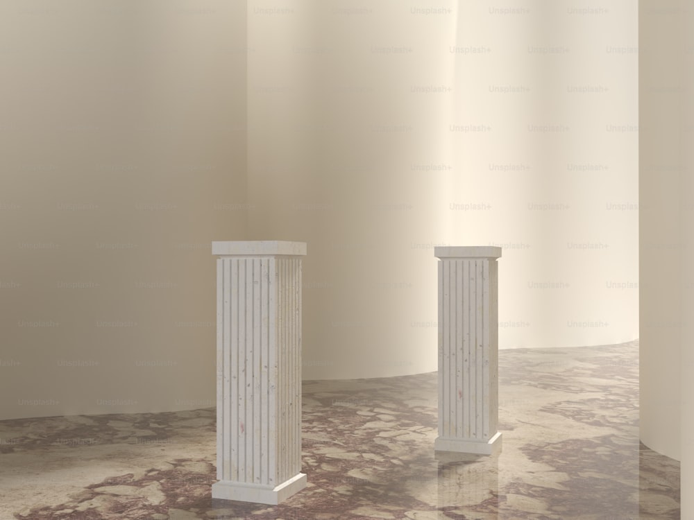 a couple of white pedestals sitting on top of a marble floor