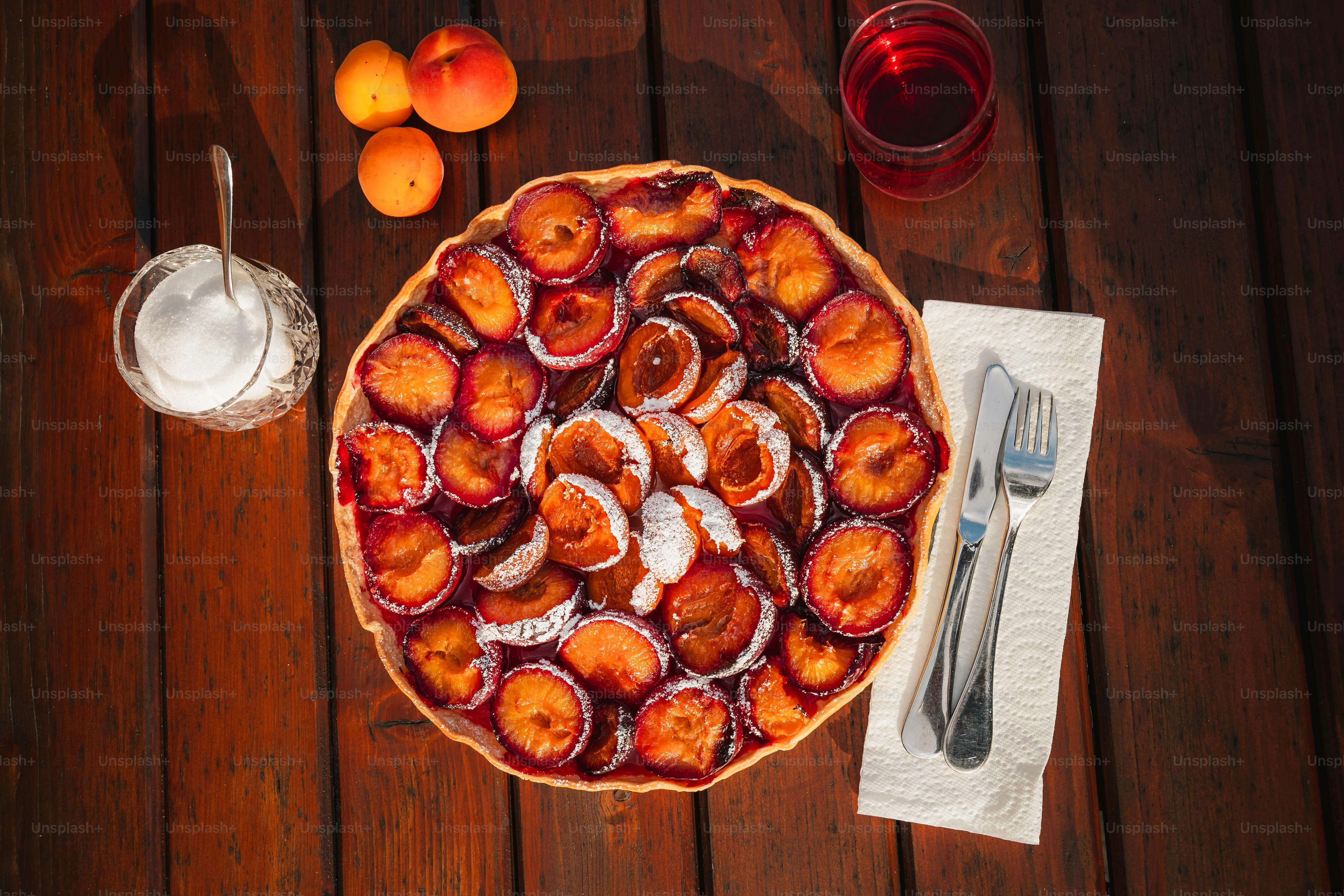 a pie sitting on top of a wooden table