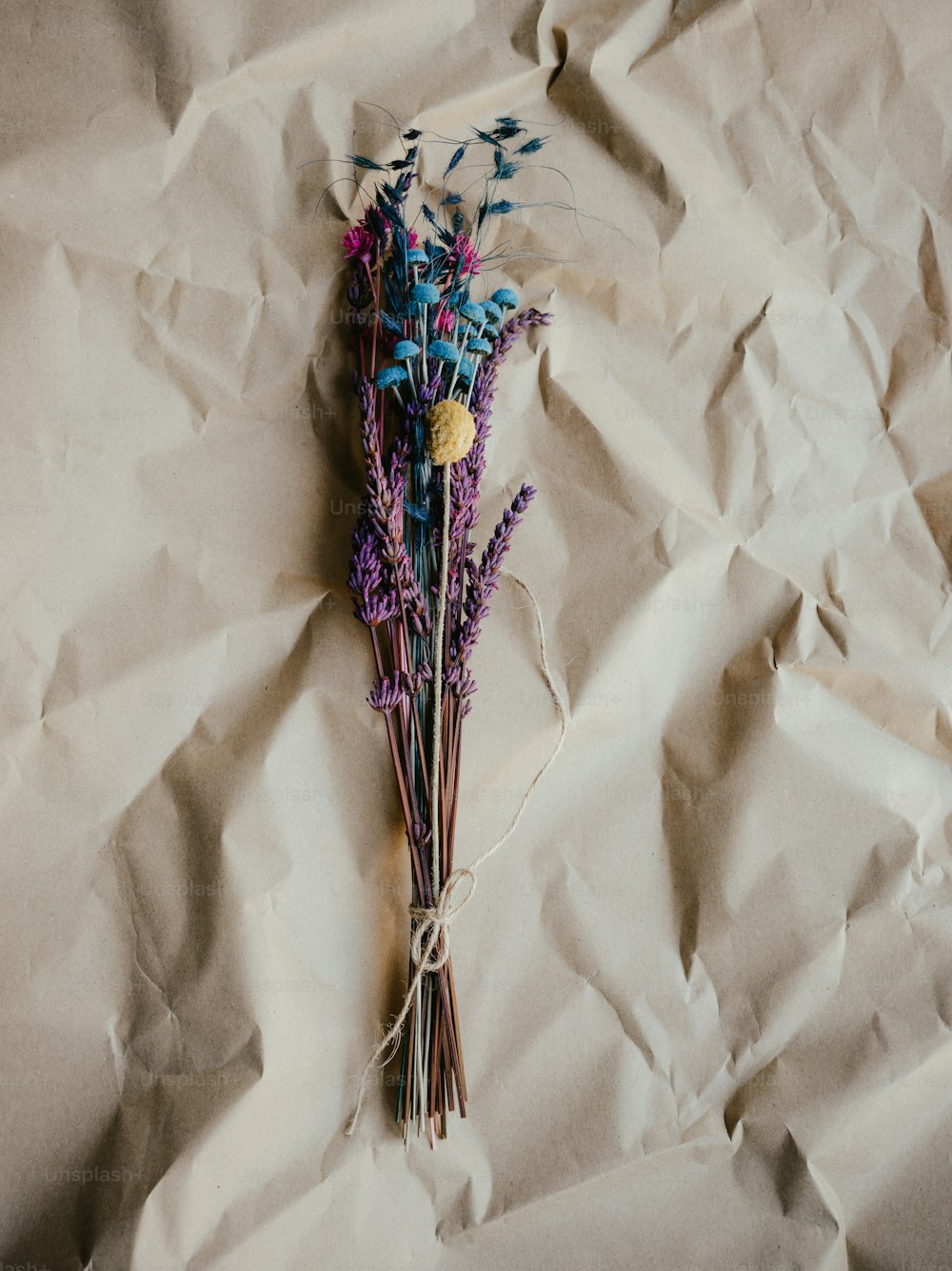 a bunch of dried flowers sitting on top of a piece of paper