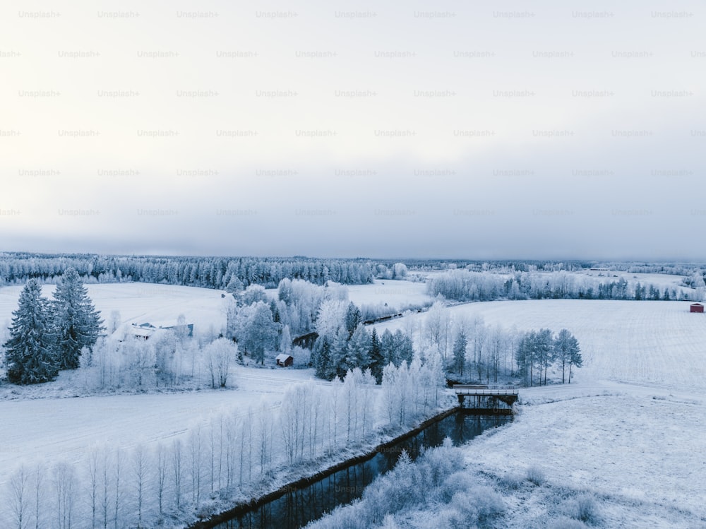 a snowy landscape with a small stream running through it