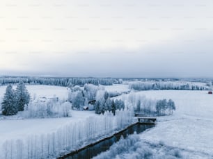 a snowy landscape with a small stream running through it