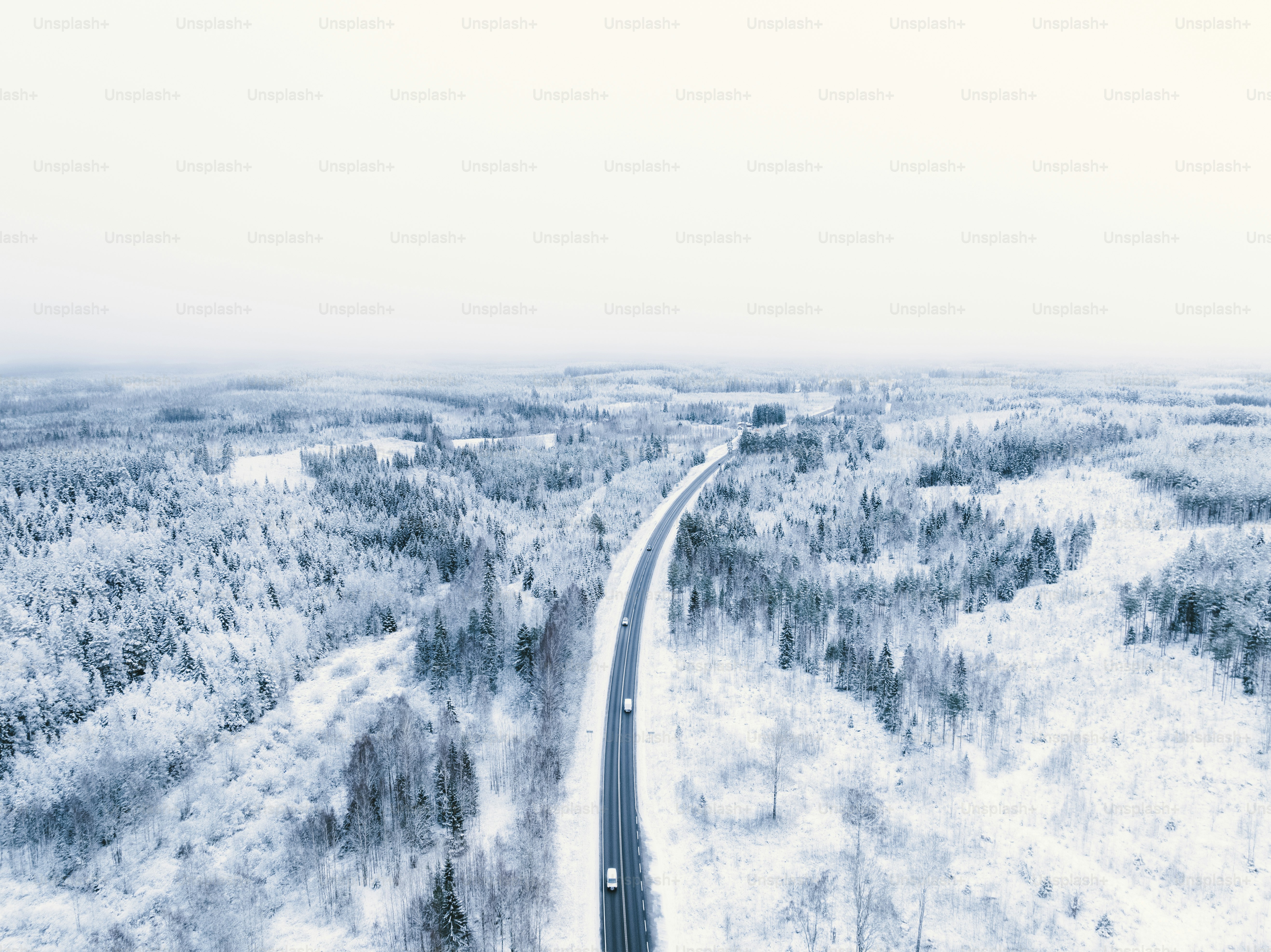 Una veduta aerea di una strada nel mezzo di una foresta innevata