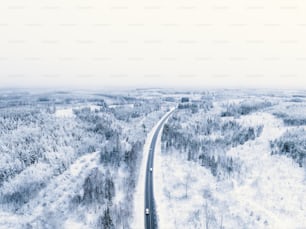 Eine Luftaufnahme einer Straße inmitten eines verschneiten Waldes