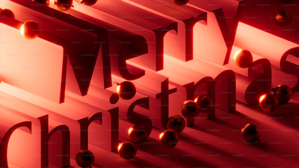 a red merry christmas card with shiny balls