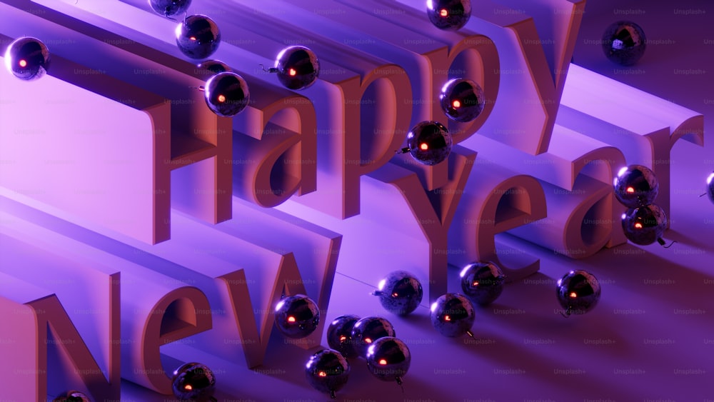 Um feliz cartão de Ano Novo com balões