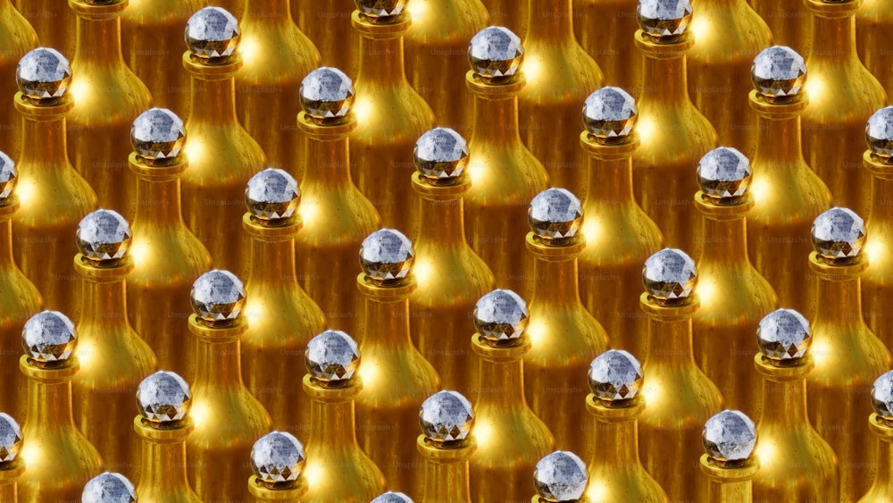 a close up of a bunch of bottles with lights on them
