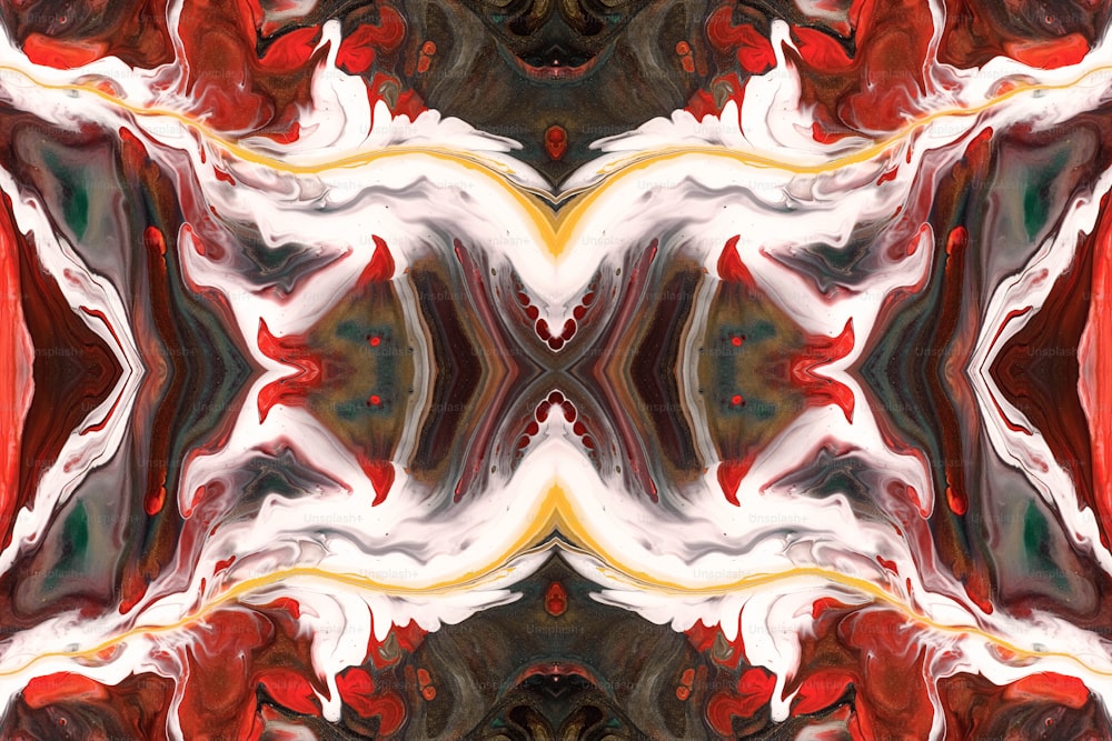 Una imagen abstracta de una flor roja, blanca y amarilla