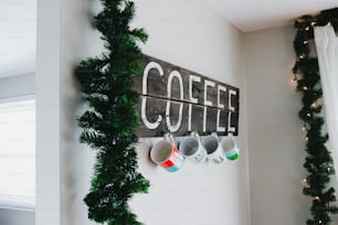 a coffee sign hanging on the side of a wall