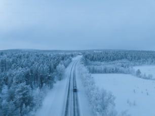 a train traveling through a snow covered forest