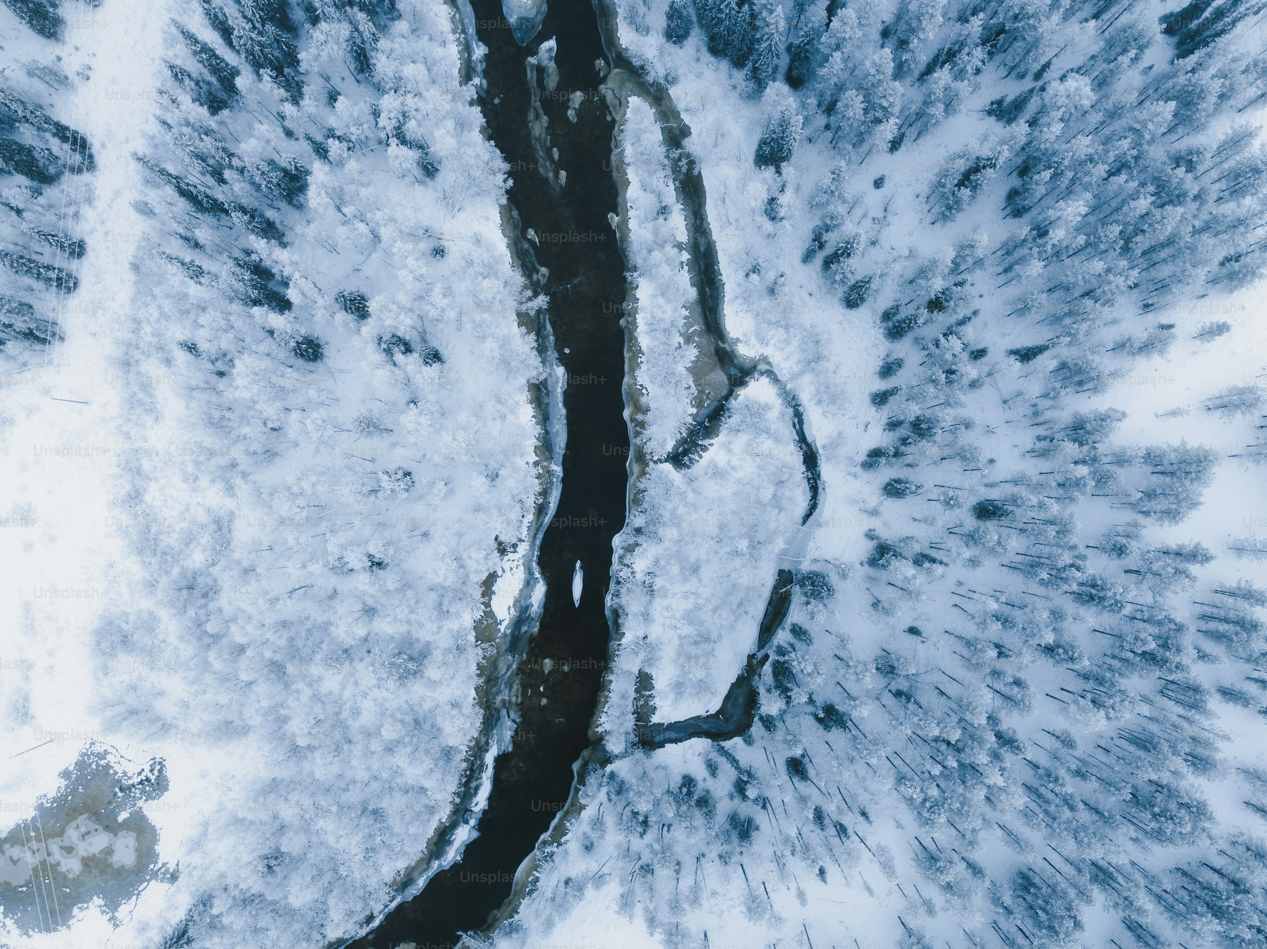 a river running through a snow covered forest