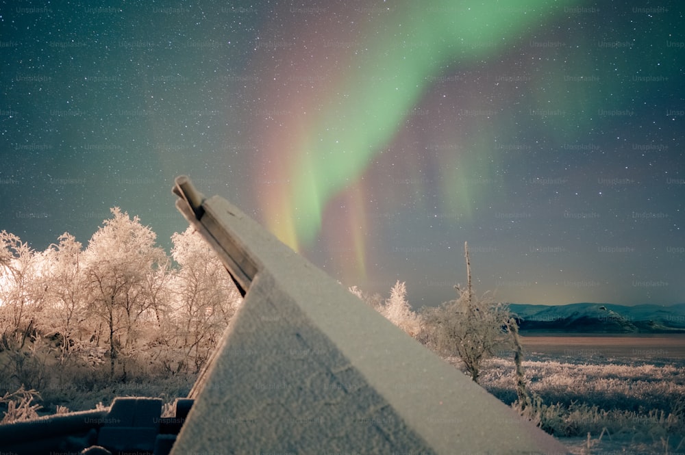 a view of the aurora over a snowy landscape