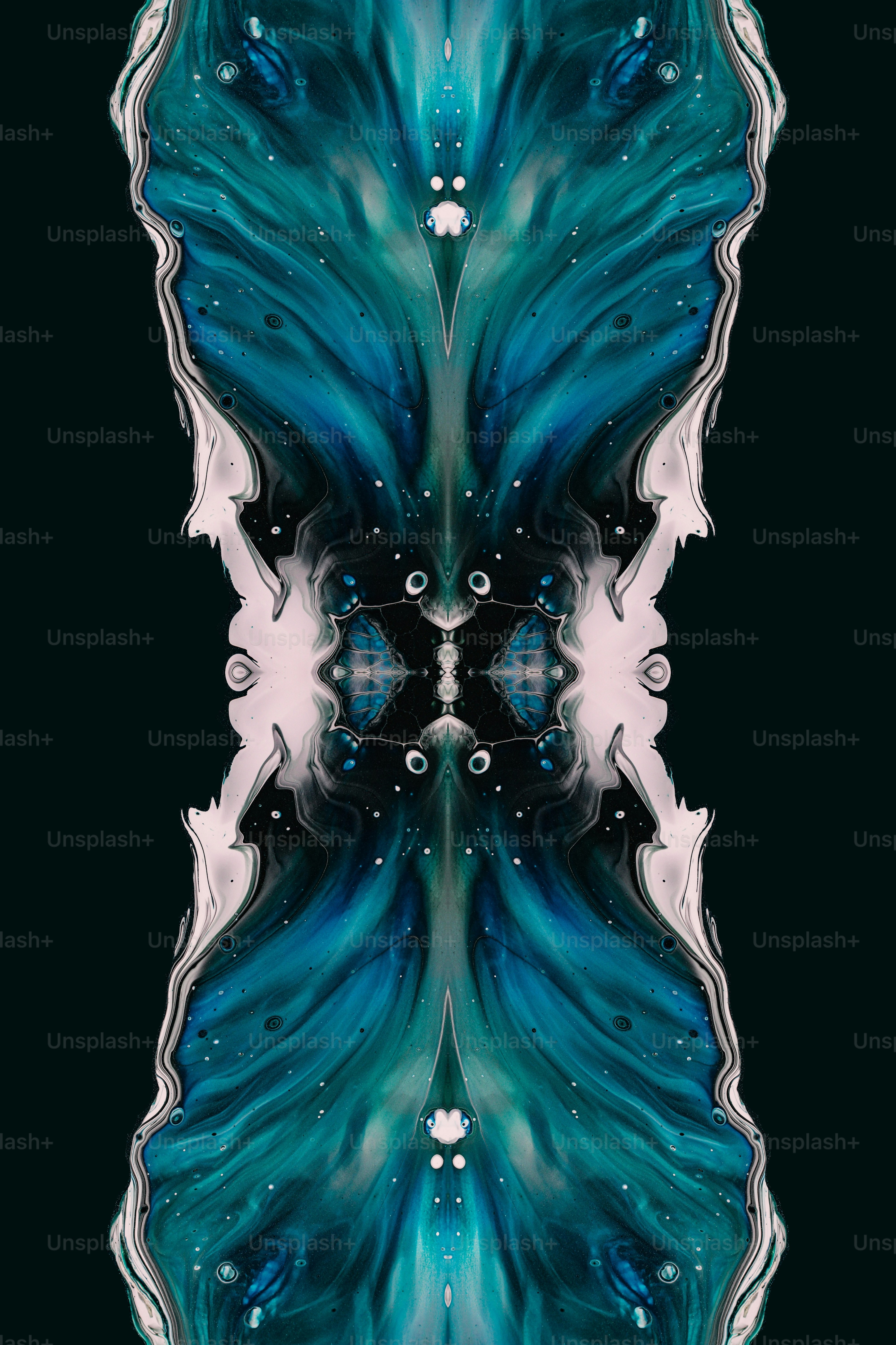 a blue and white abstract painting on a black background