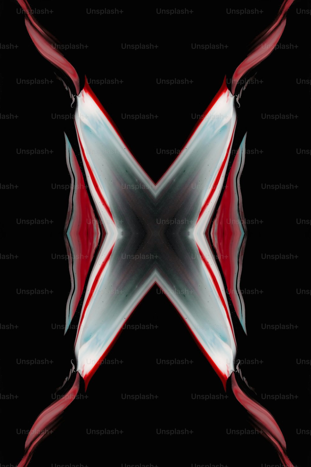 a red and white abstract design on a black background