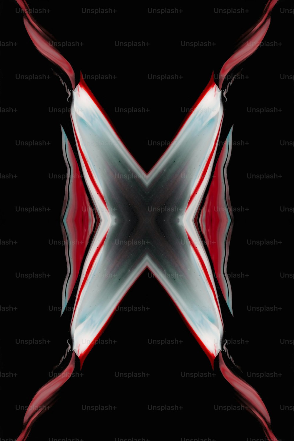 a red and white abstract design on a black background