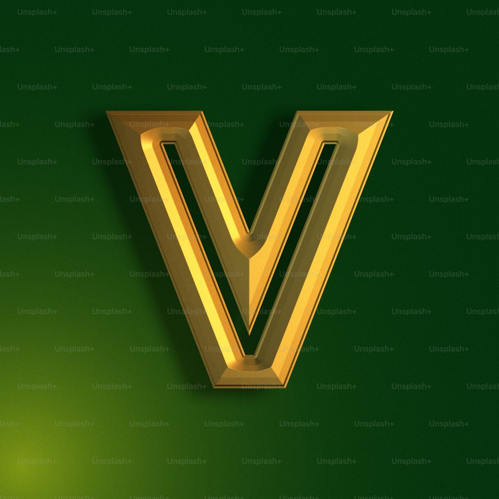 a gold v on a green background