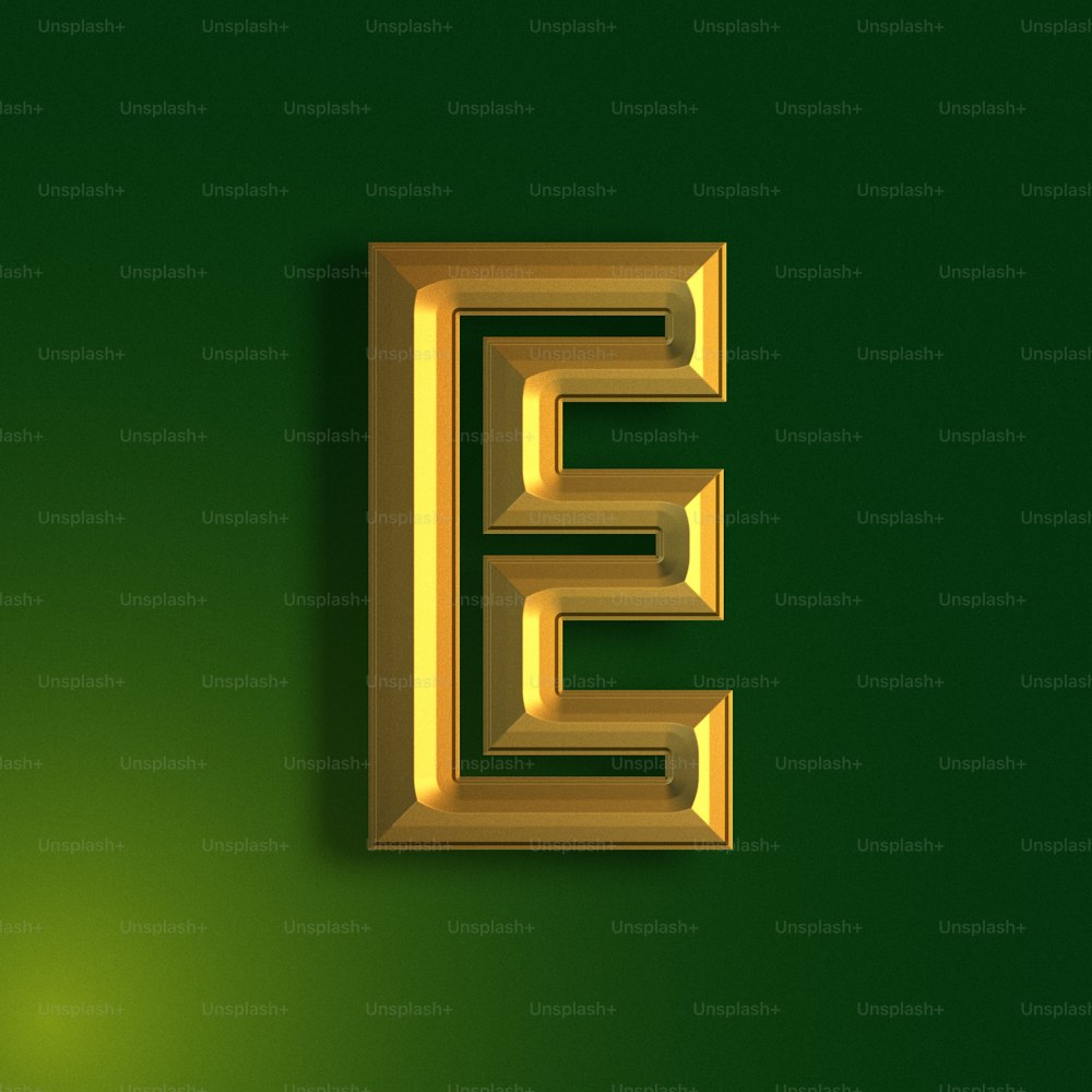 a gold letter e on a green background