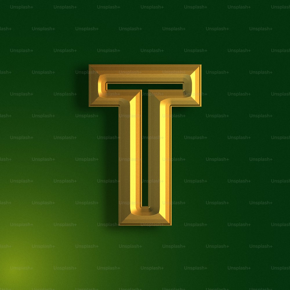 a gold letter t on a green background