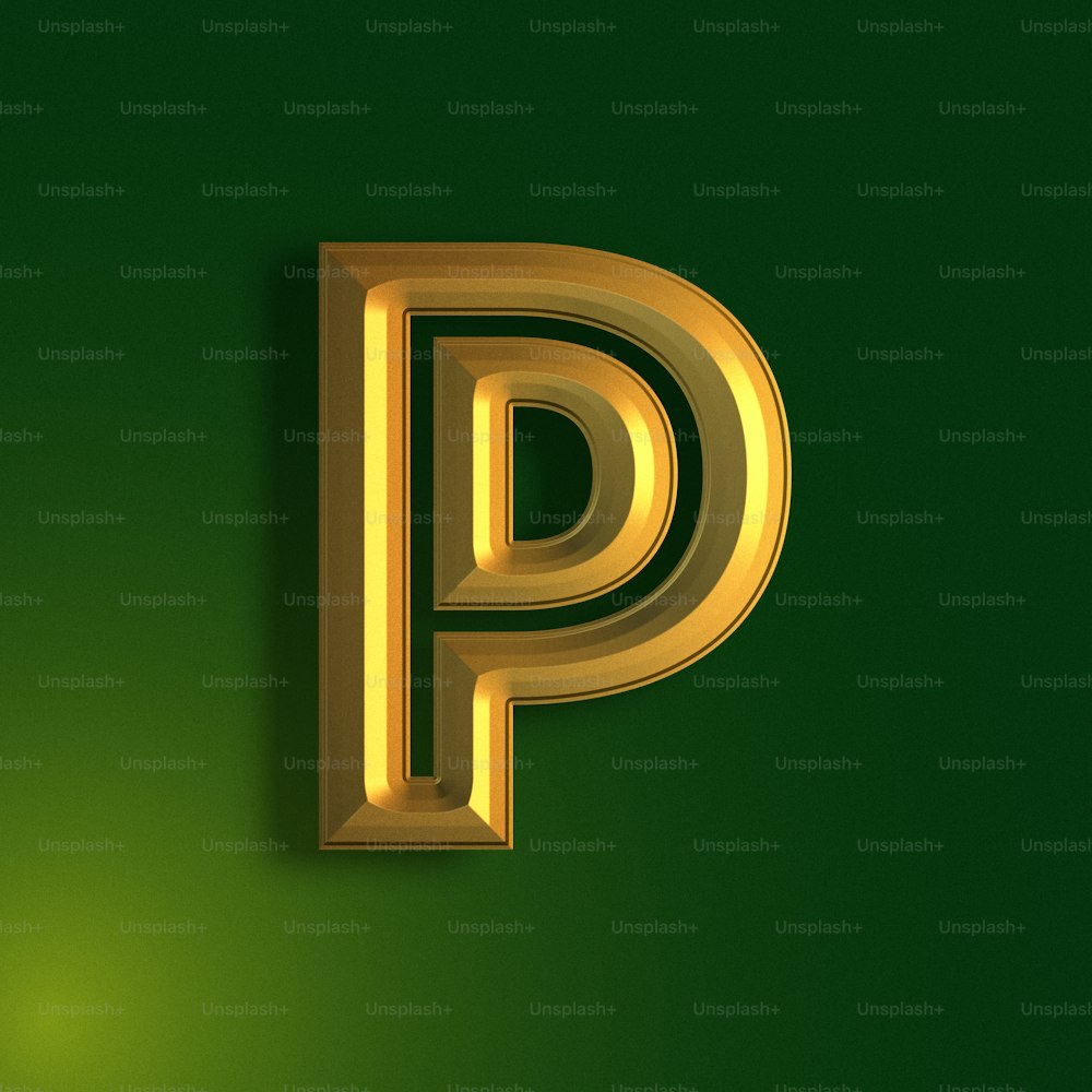 a golden letter p on a green background