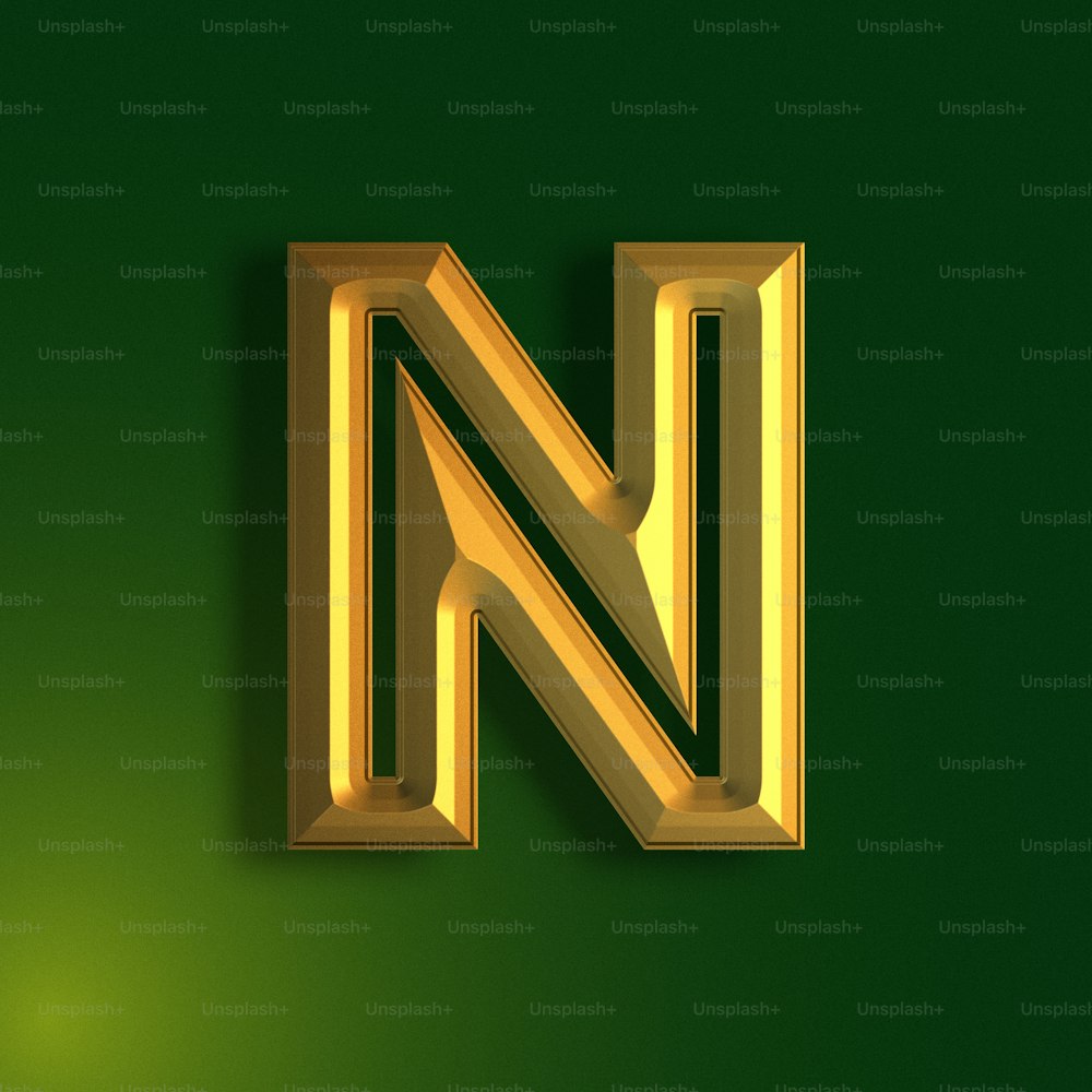 a gold letter n on a green background