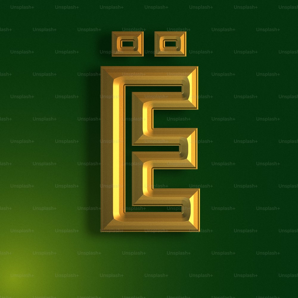 a 3d image of a gold letter e on a green background