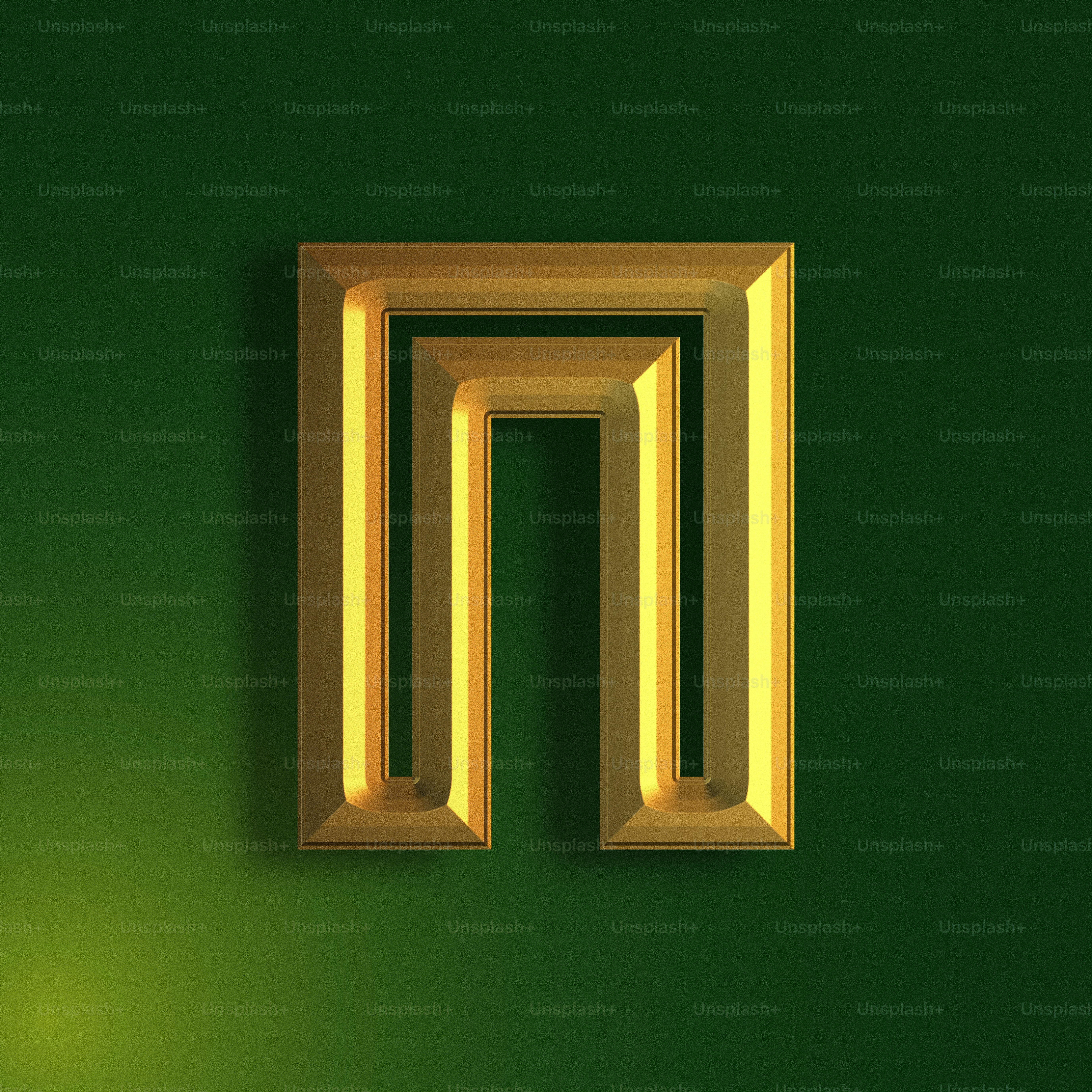 a gold letter m on a green background