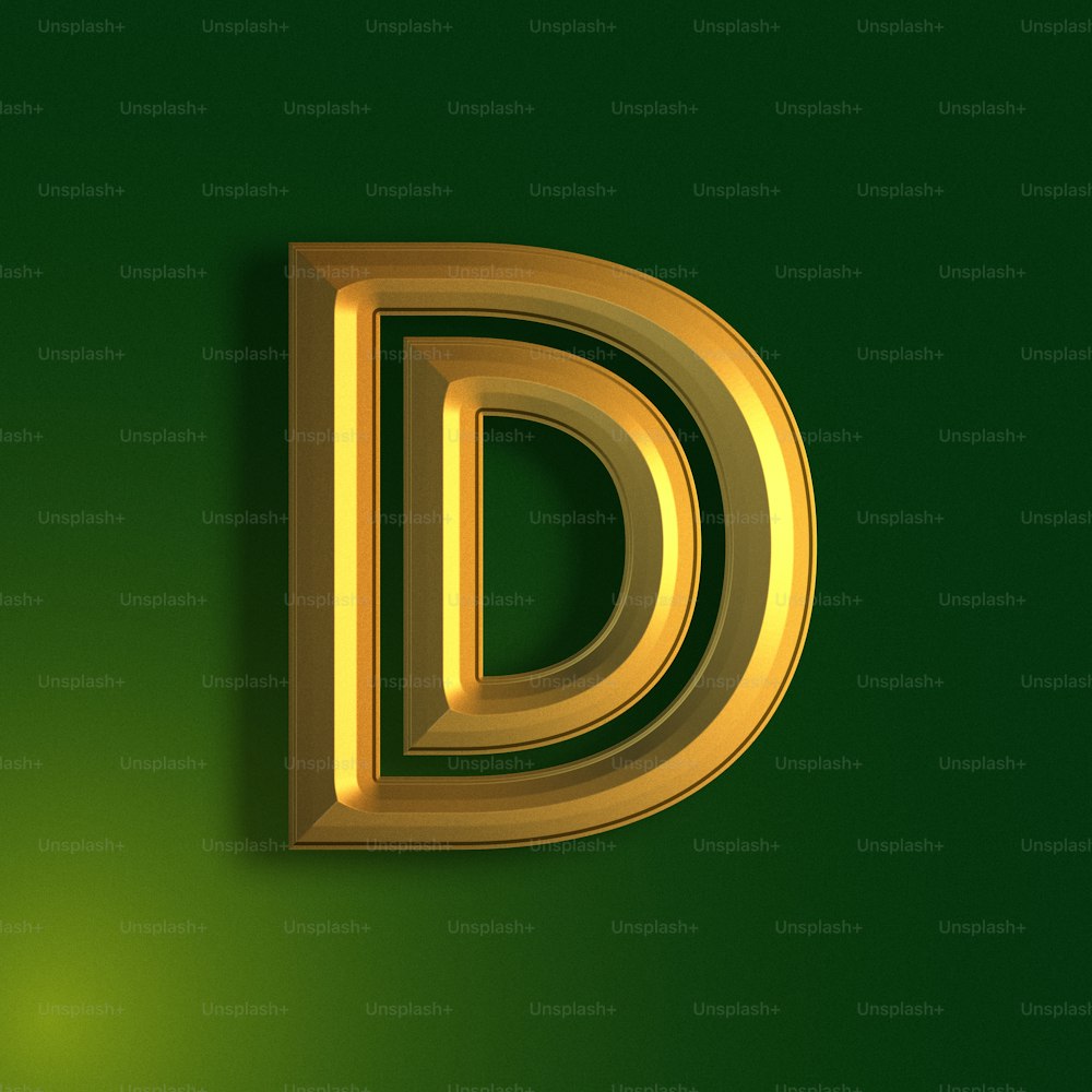 Uma letra D dourada brilhante em um fundo verde