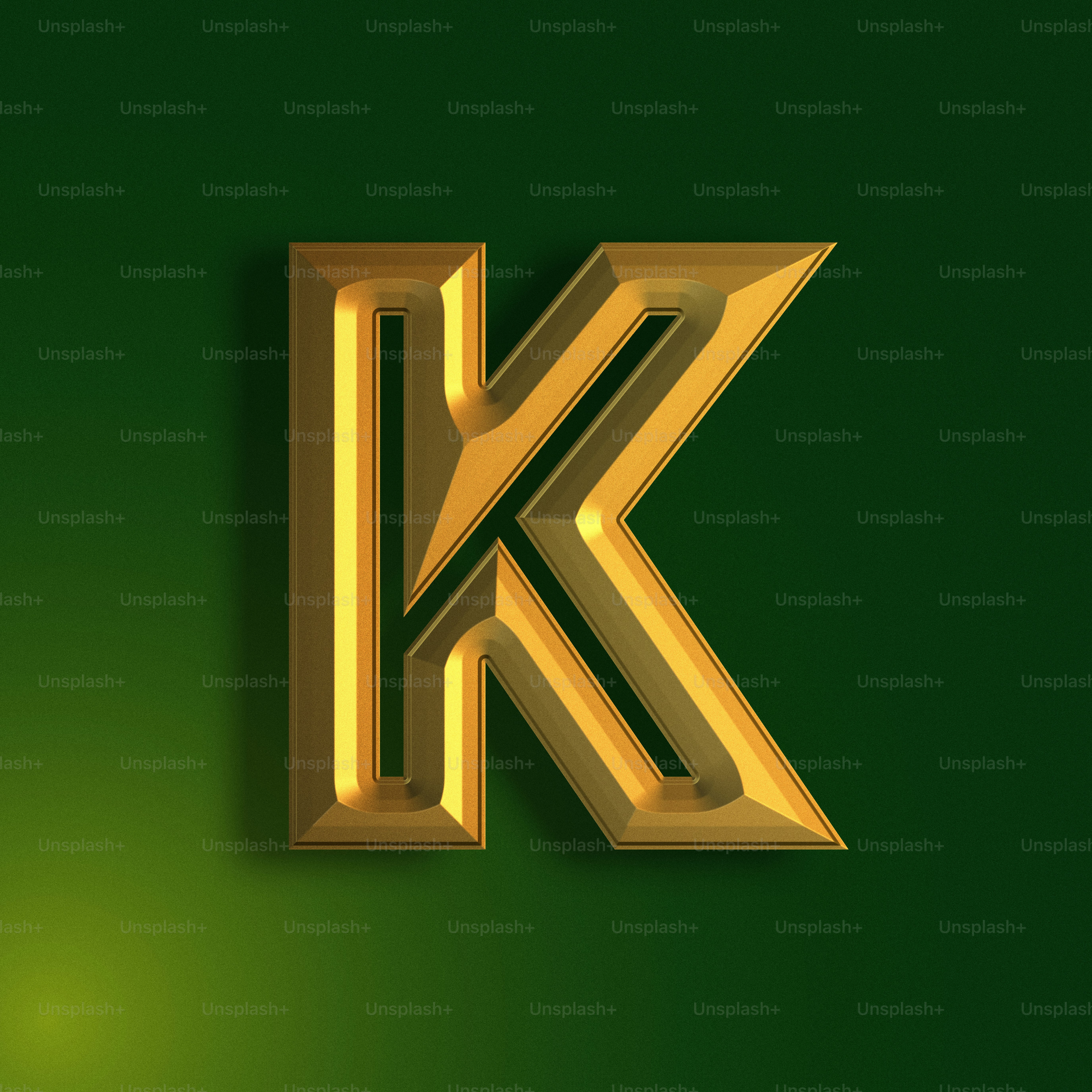 a gold letter k on a green background