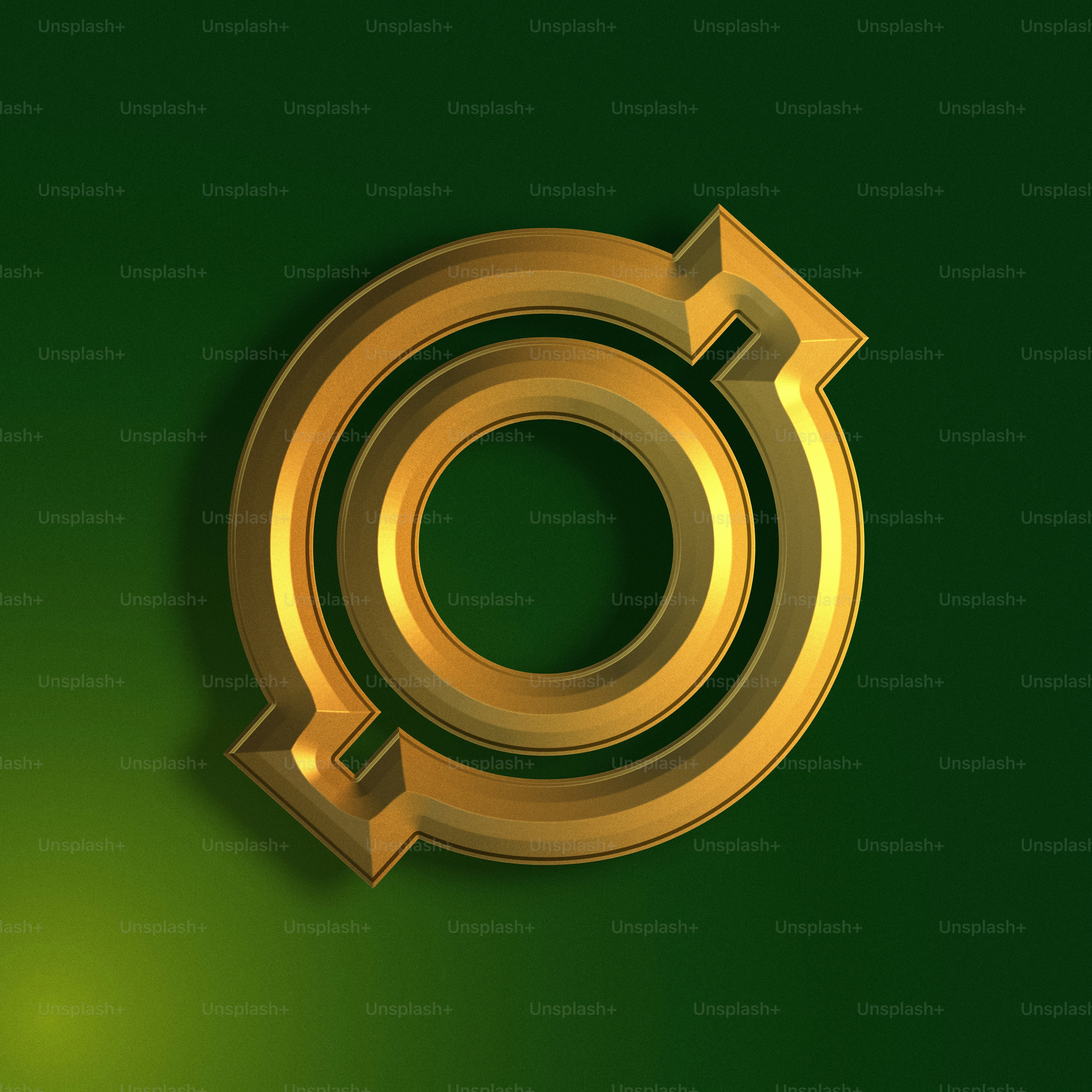 a golden circle with arrows on a green background
