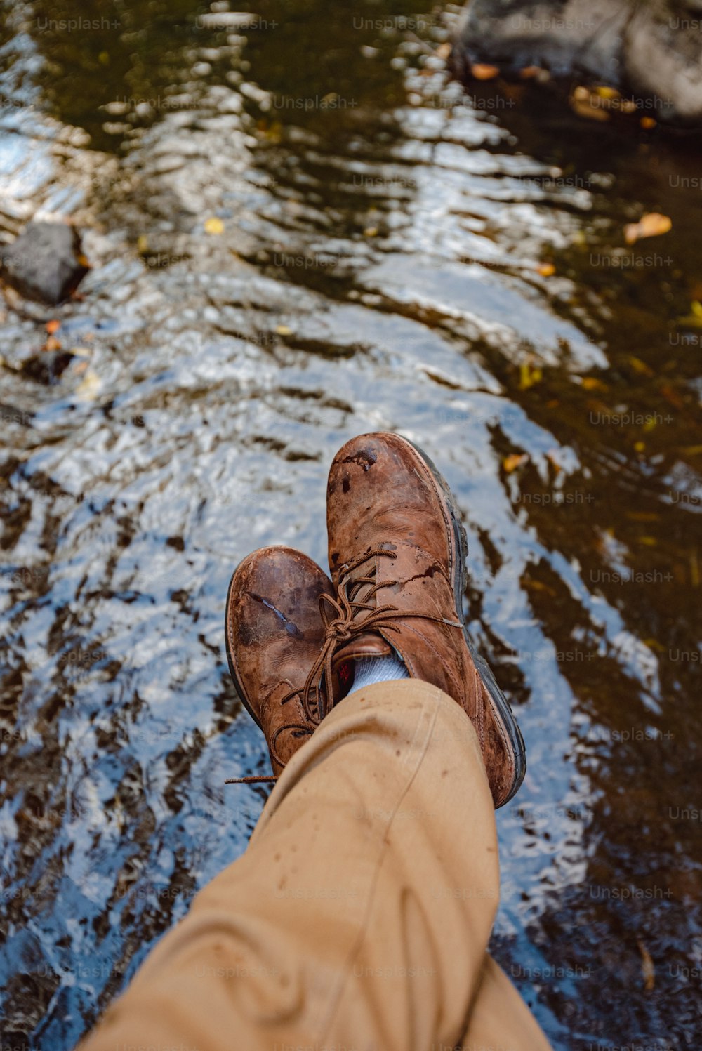 a person standing in the water with their feet in the water