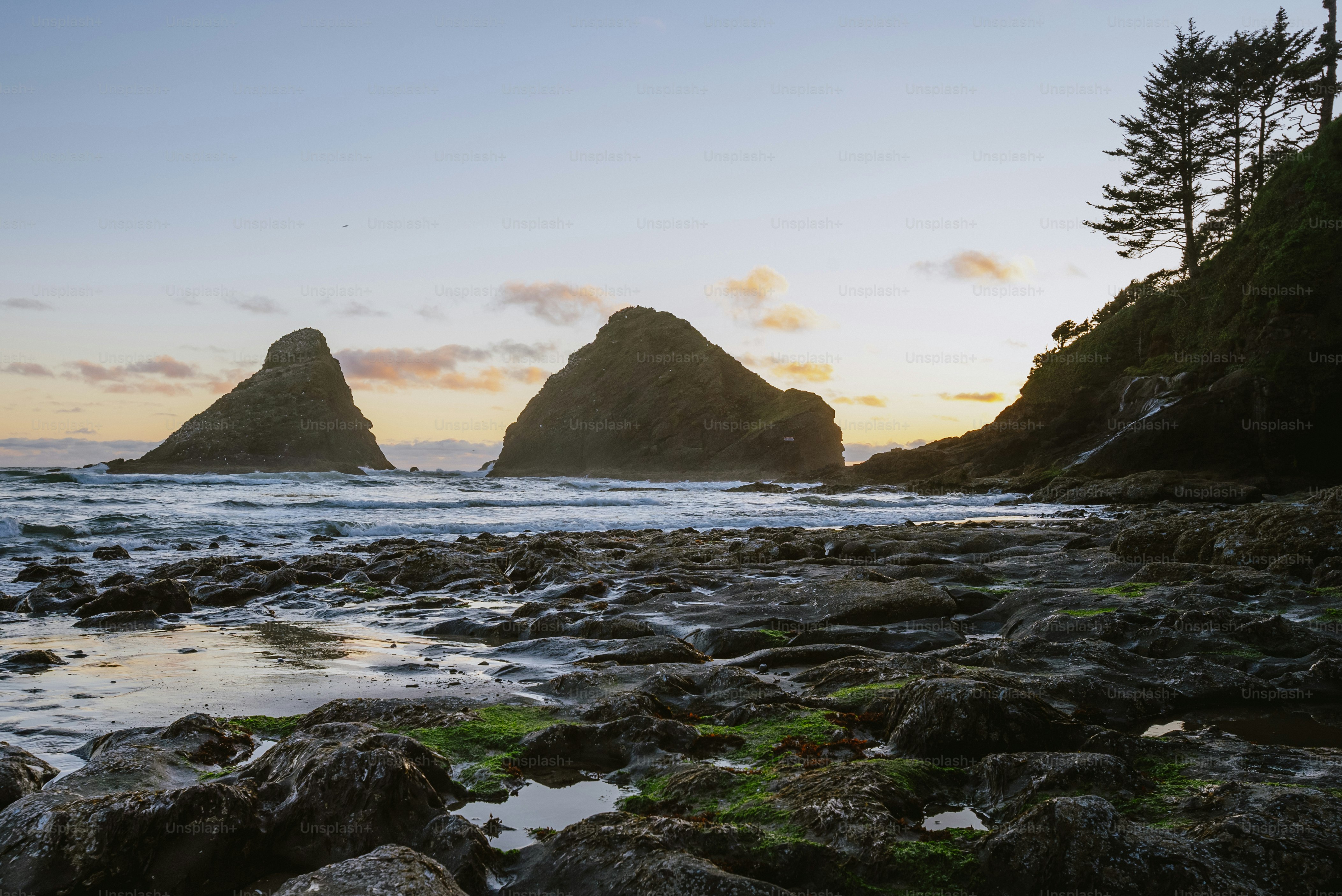 a rocky beach with a couple of large rocks in the background