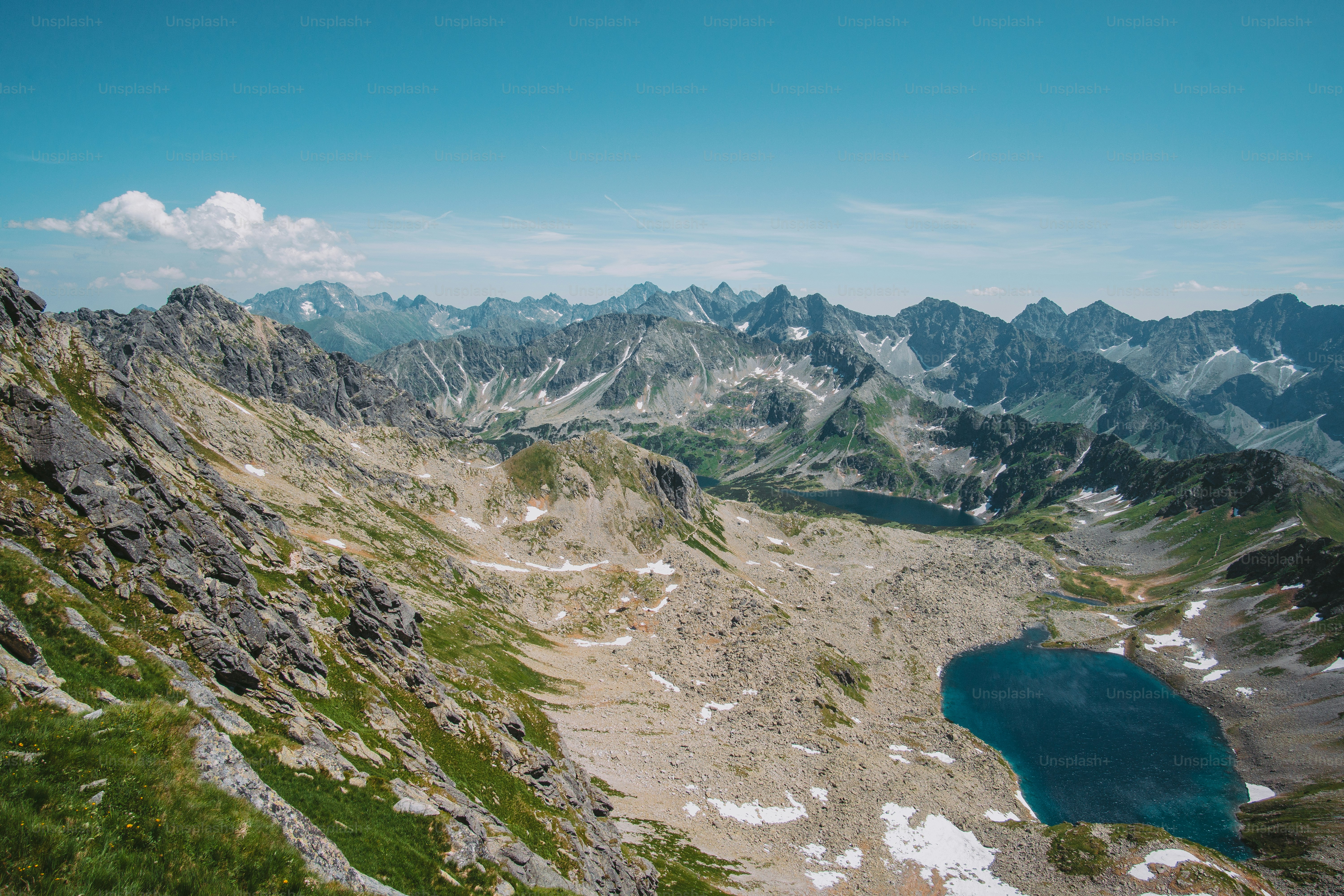 a view of a mountain range with a lake in the foreground