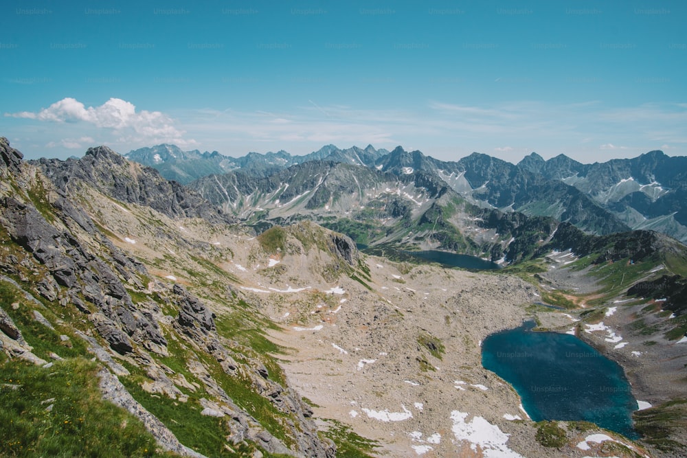 a view of a mountain range with a lake in the foreground