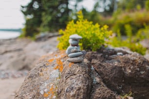 a pile of rocks sitting on top of a beach