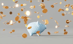 a blue piggy bank surrounded by gold coins