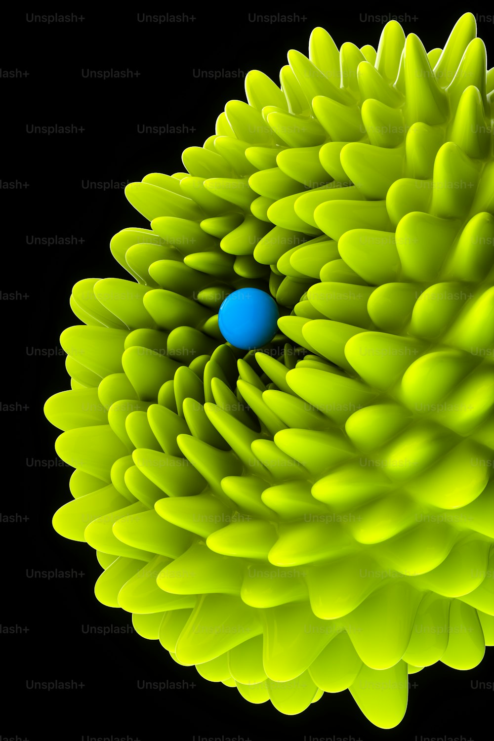 a blue ball is in the center of a yellow flower