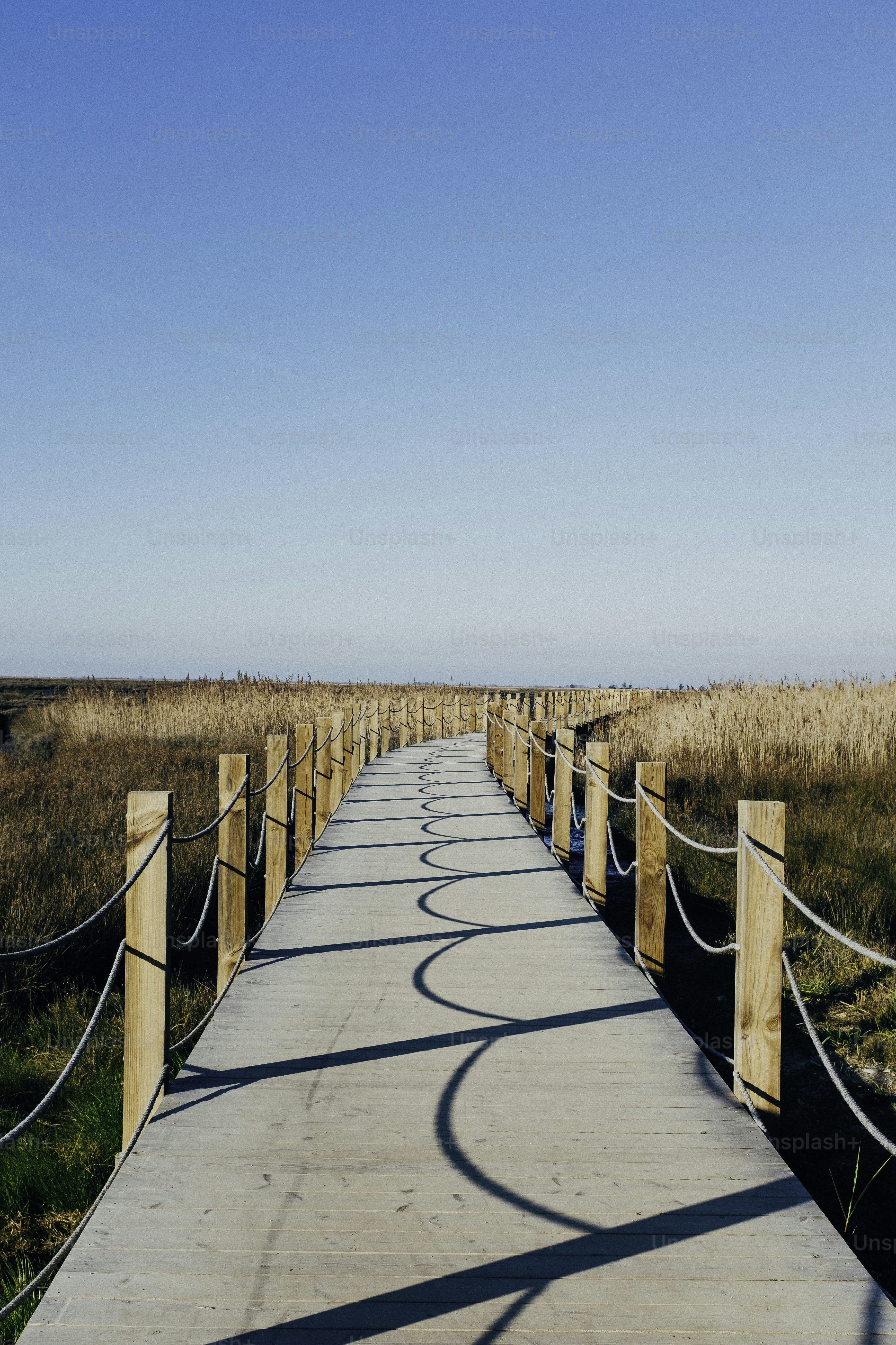 une passerelle en bois dans un champ herbeux avec un fond de ciel