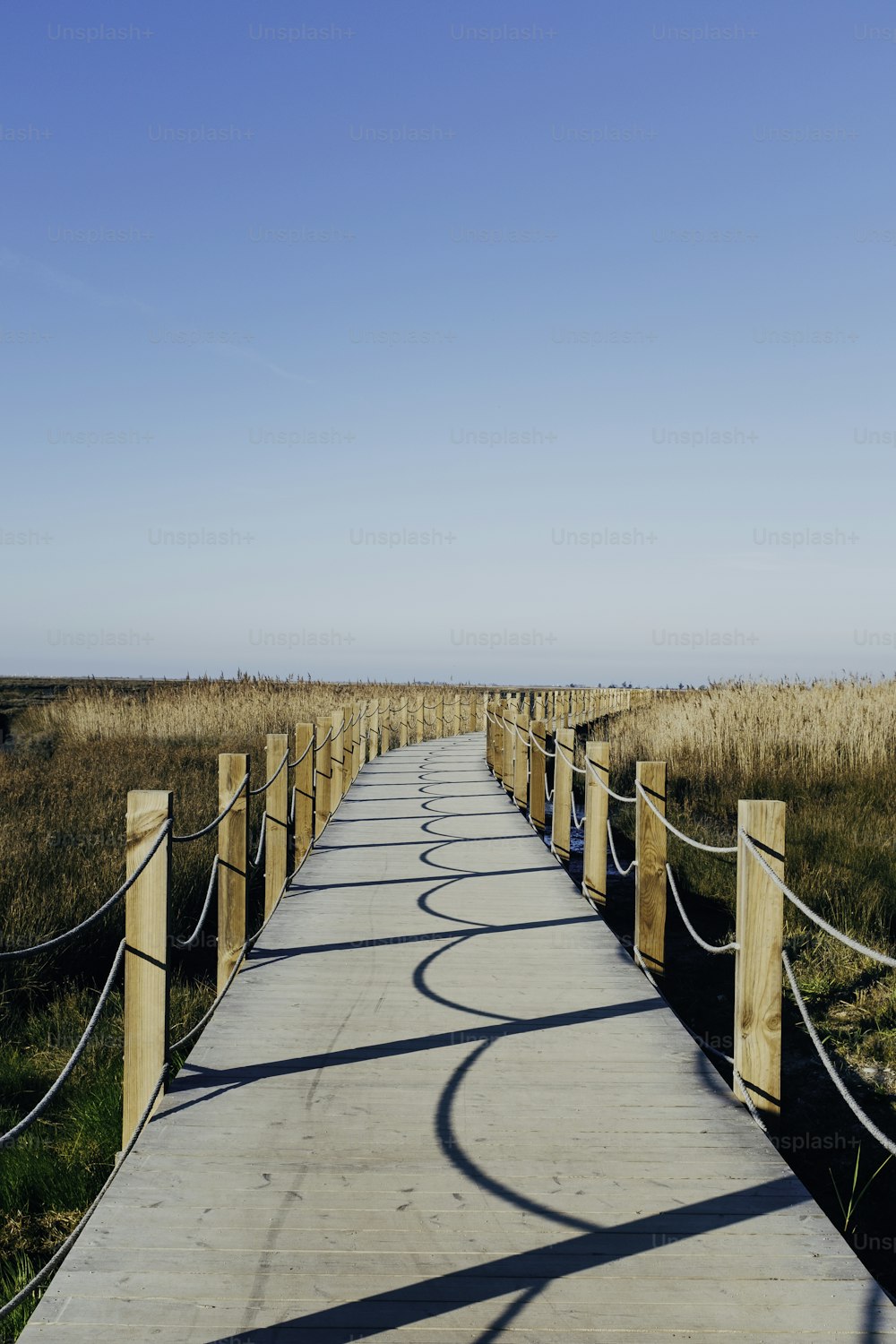 a wooden walkway in a grassy field with a sky background