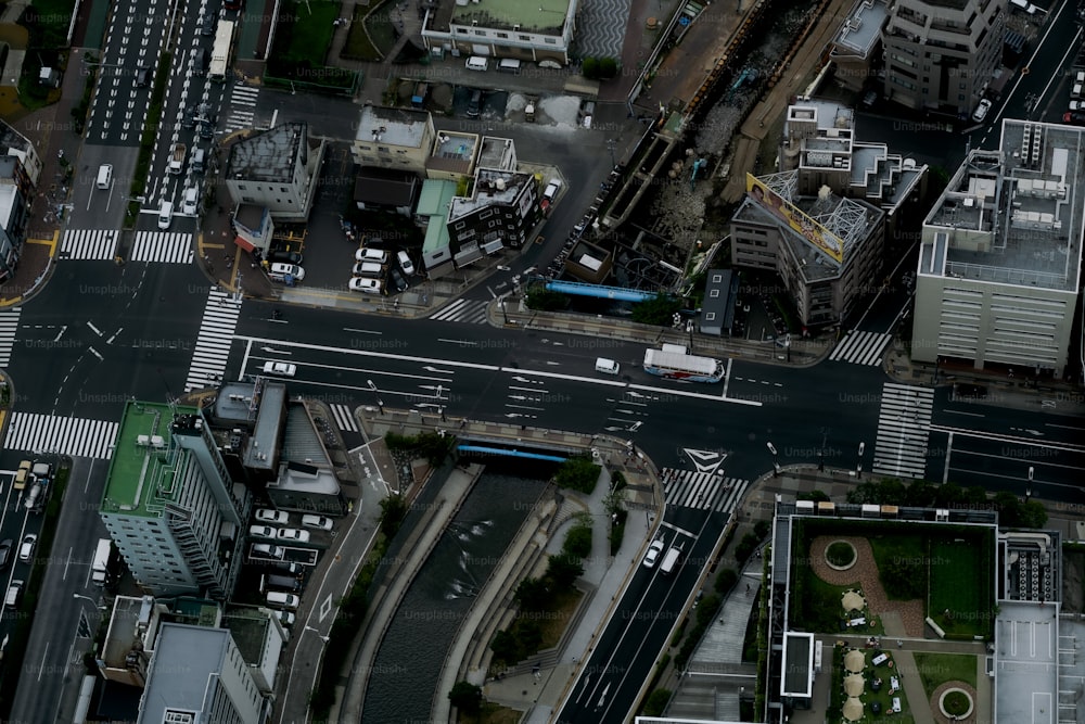 an aerial view of a city street intersection