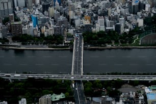 an aerial view of a bridge over a river