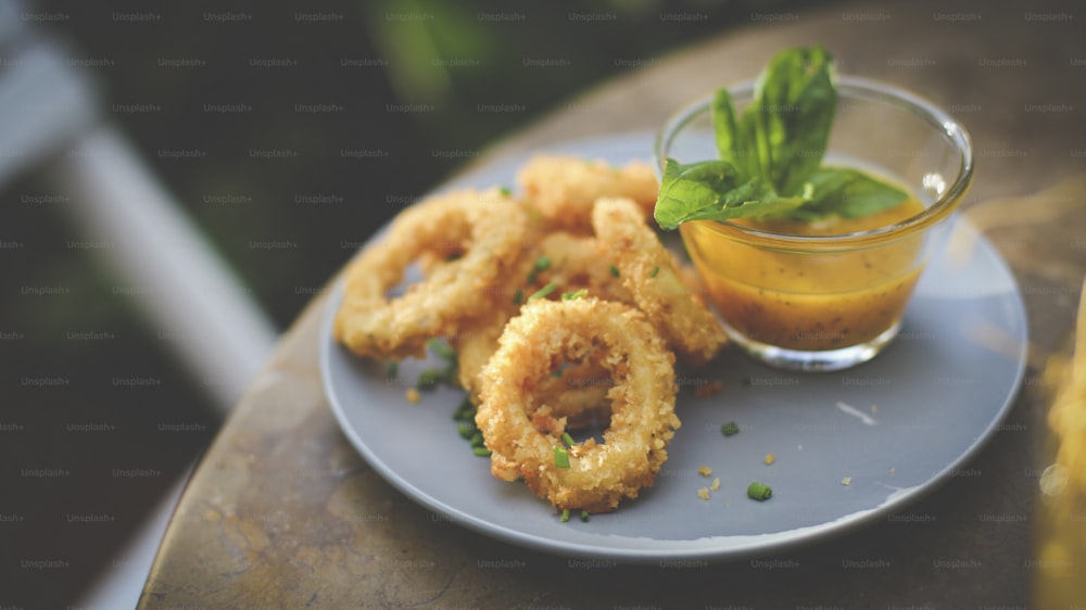 a plate with onion rings and dipping sauce