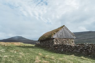 uma parede de pedra com um telhado de grama e um telhado de grama
