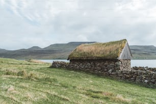 uma parede de pedra com um telhado de grama ao lado de um corpo de água
