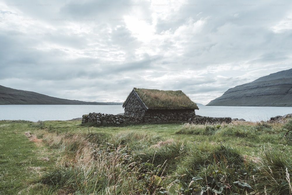a house with a grass roof next to a body of water